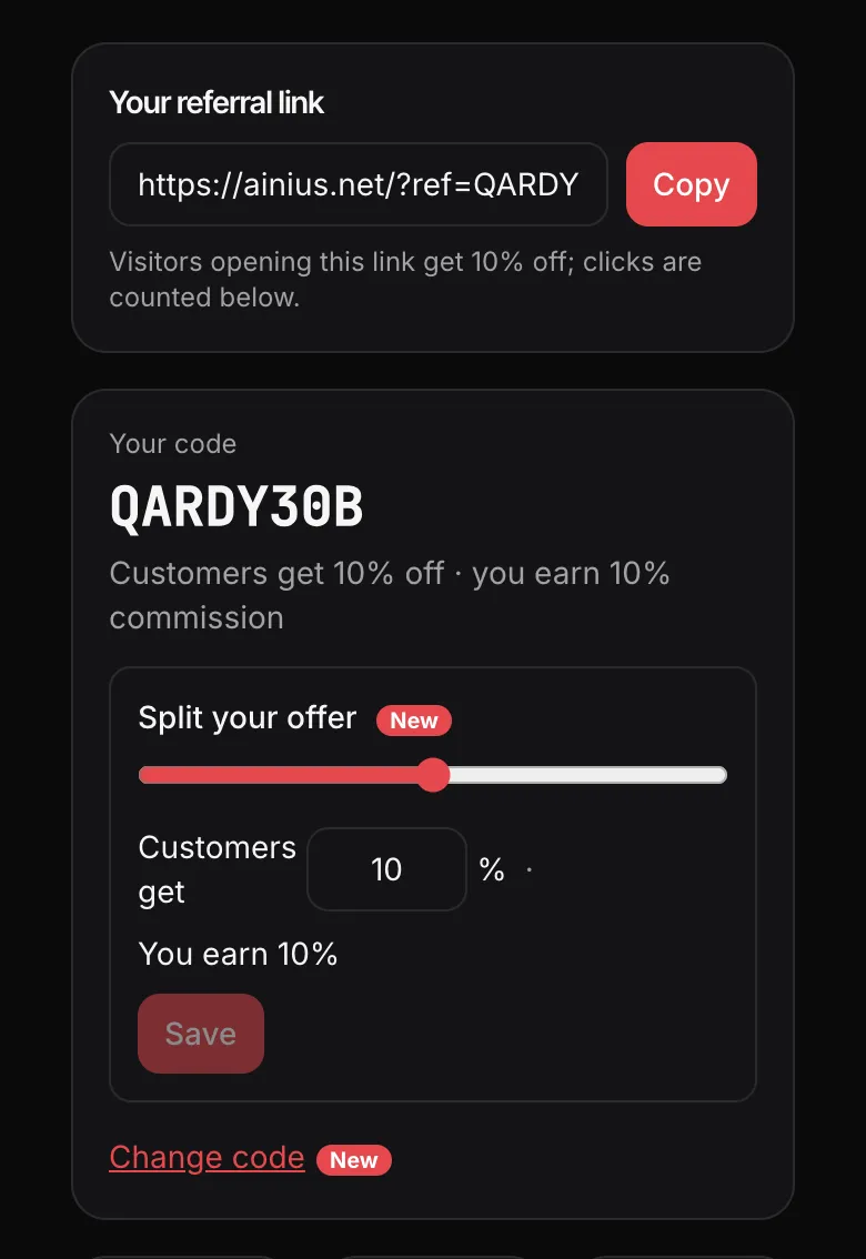 Affiliate dashboard: referral link with a Copy button, your code and the discount split