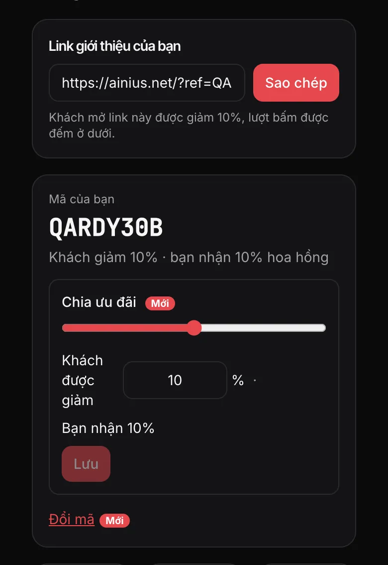 Trang Affiliate: link giới thiệu có nút Sao chép, mã của bạn và phần Chia ưu đãi