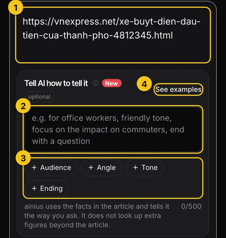 The link input and the Tell AI how to tell it box with the Audience, Angle, Tone and Ending chips and the See examples button, numbered 1 to 4