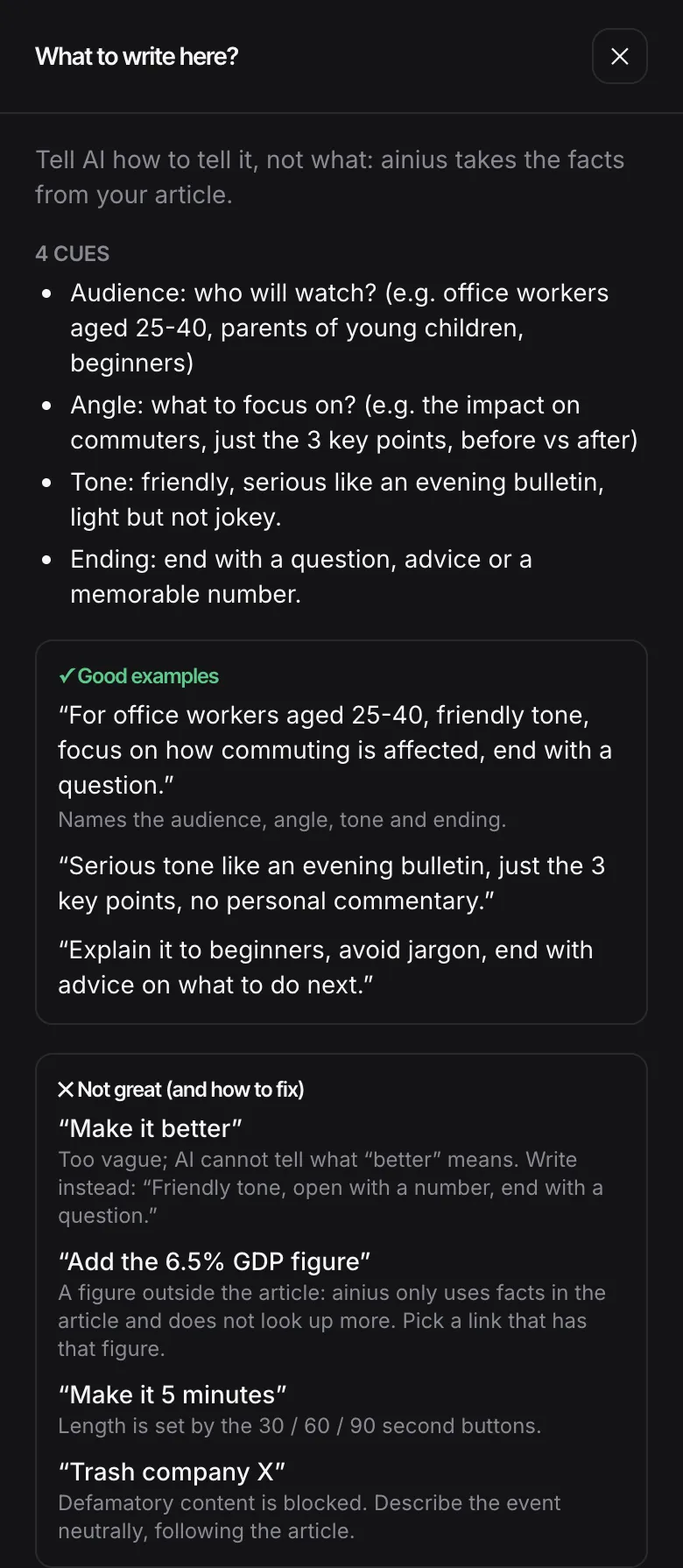 The What to write here? sheet with 4 cues, good examples and not-so-good examples with how to fix them