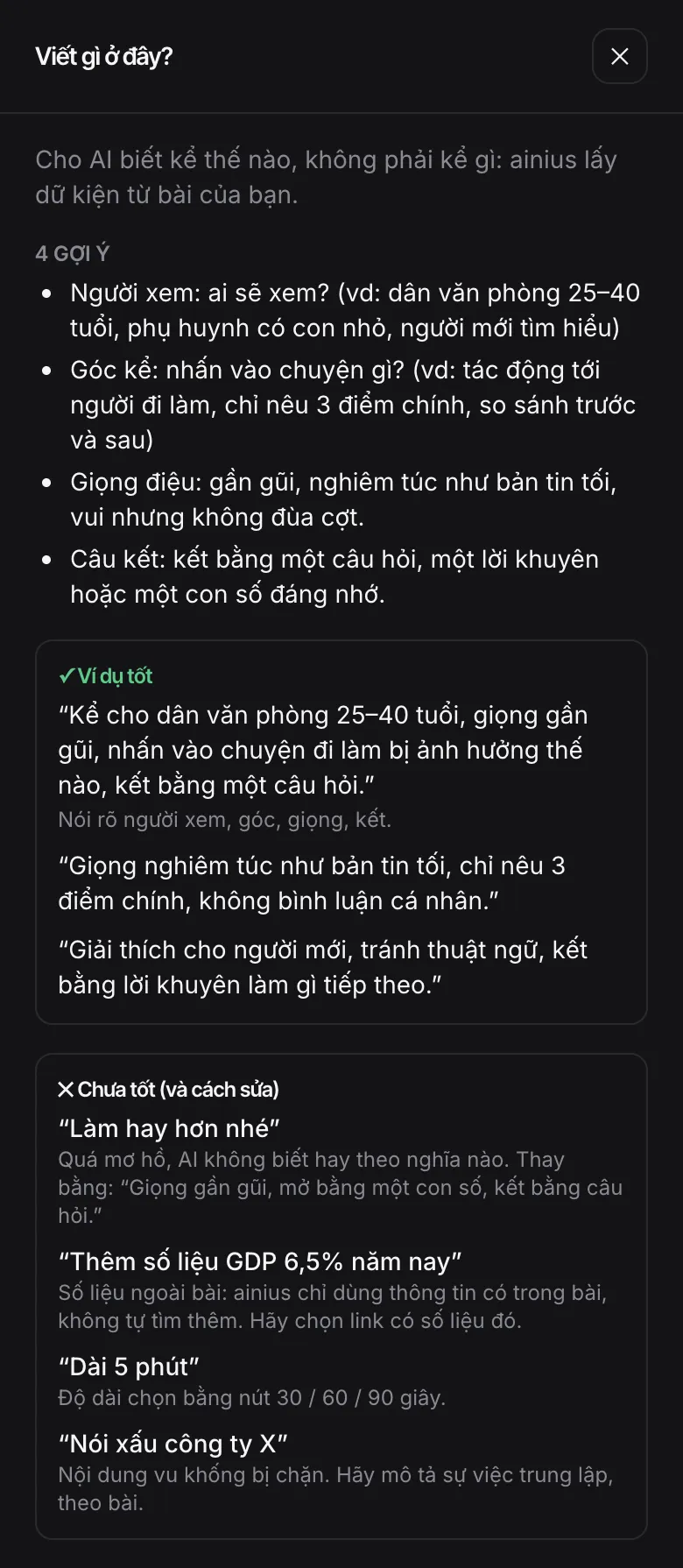 Bảng Viết gì ở đây với 4 gợi ý, các ví dụ tốt và các ví dụ chưa tốt kèm cách sửa