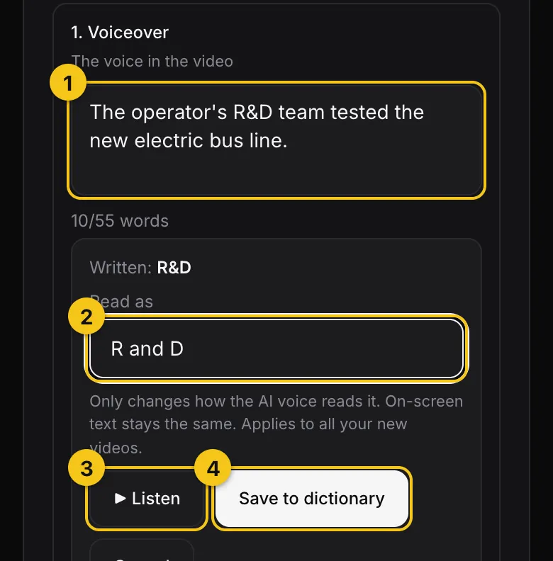 The Review step with numbered steps 1 to 4: the selected word in the Voiceover, the Read as field, the Listen button and the Save to dictionary button