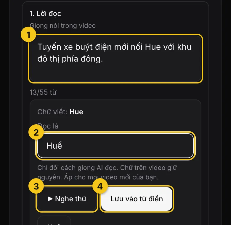 Màn Duyệt với các bước đánh số 1 đến 4: chữ được chọn trong Lời đọc, ô Đọc là, nút Nghe thử và nút Lưu vào từ điển