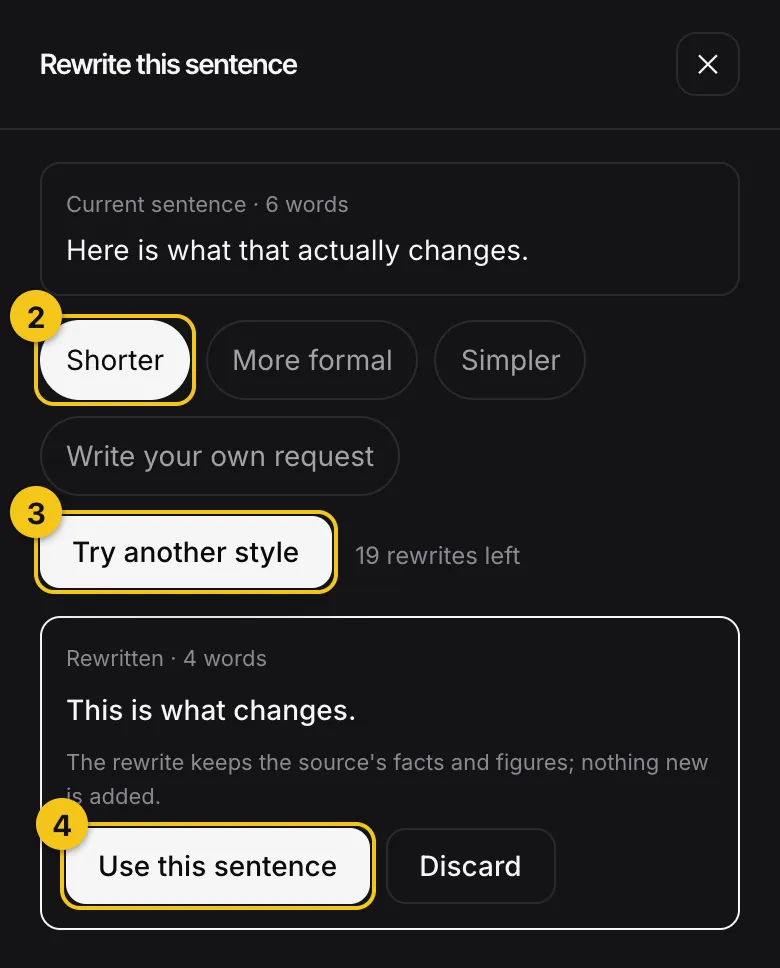 The Rewrite this sentence box with the Shorter style, the Try another style button and the Use this sentence button, numbered 1 to 3