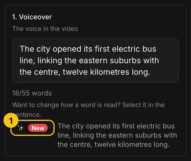 A scene's Voiceover card with the ✨ button next to the sentence, numbered 1