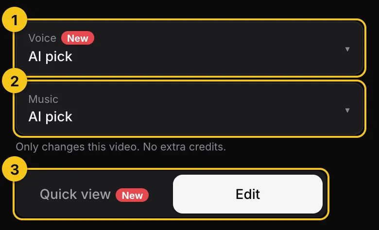 The top of the Review screen with the Voice box, the Music box and the Quick view or Edit switch, numbered 1 to 3