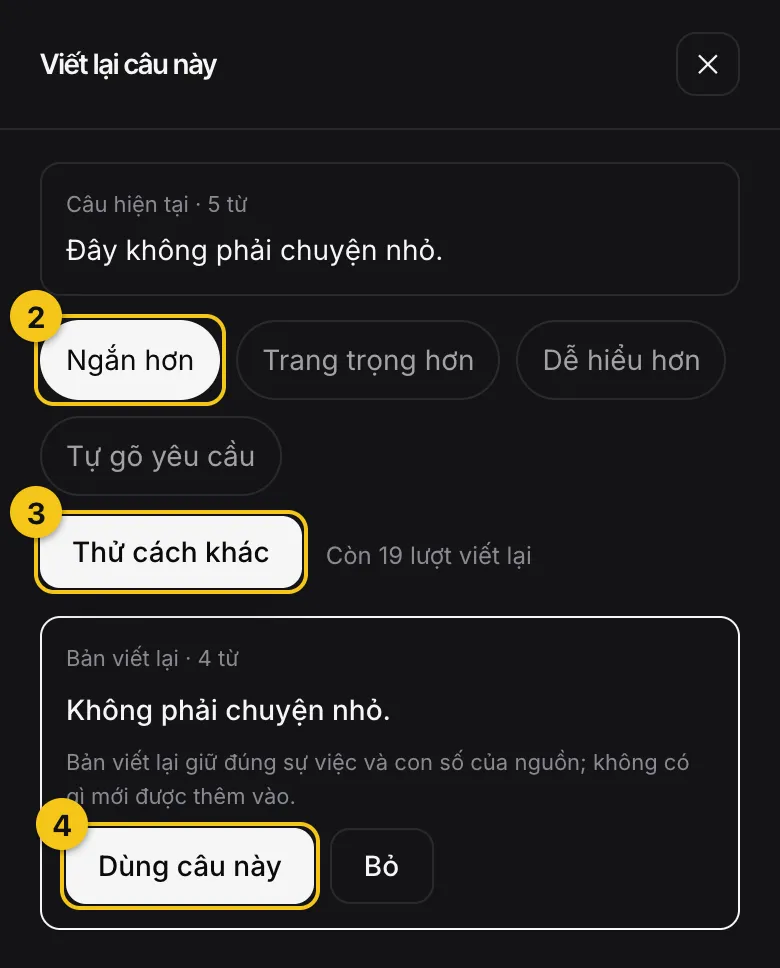 Hộp Viết lại câu này với kiểu Ngắn hơn, nút Thử cách khác và nút Dùng câu này, đánh số 1 đến 3