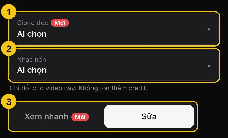 Đầu màn Duyệt với ô Giọng đọc, ô Nhạc nền và nút chuyển Xem nhanh hoặc Sửa, đánh số 1 đến 3