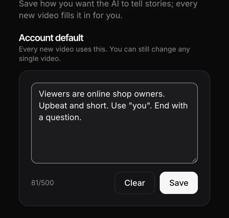 Setup, AI instructions: the instructions box, a 500-character counter and the Save button