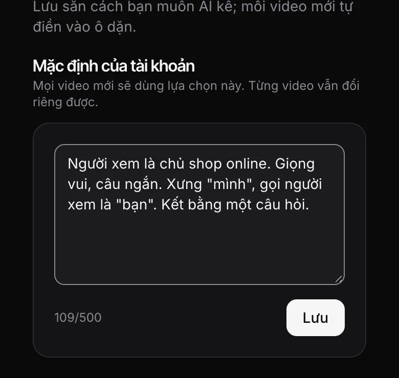 Trang Cấu hình, mục Lời dặn AI: ô nhập lời dặn, bộ đếm 109/500 và nút Lưu