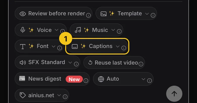 The chip row on the Create screen with the Captions chip outlined in yellow and numbered 1