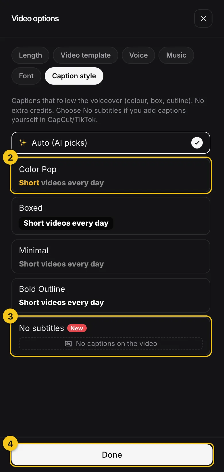 The Video options window on the Caption style tab with the caption styles, the No subtitles card and the Done button, numbered 2 to 4