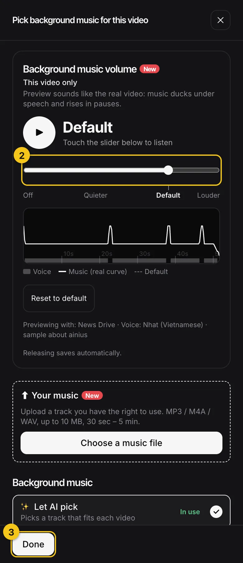 The Pick background music for this video window with the Background music volume card marked This video only, the slider and the Done button, numbered 2 and 3