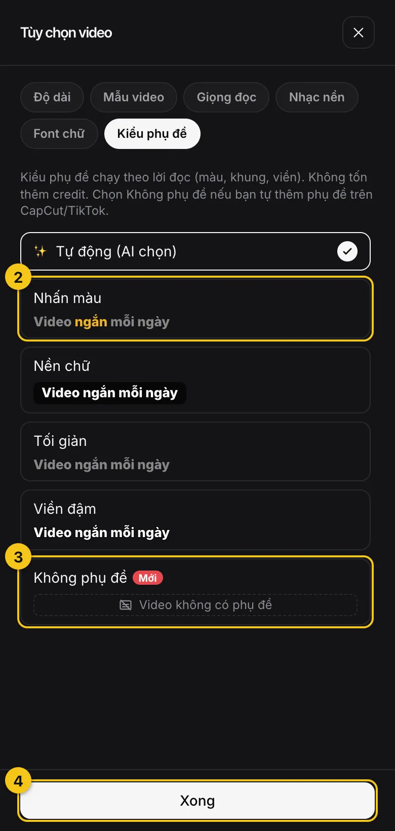 Cửa sổ Tuỳ chọn video ở thẻ Kiểu phụ đề với các kiểu phụ đề, thẻ Không phụ đề và nút Xong, đánh số 2 đến 4