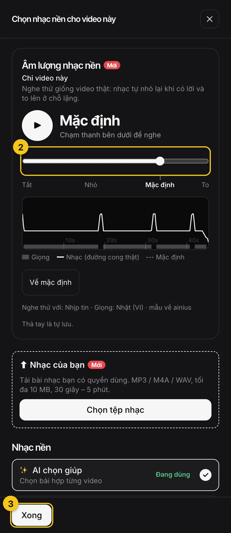 Cửa sổ Chọn nhạc nền cho video này với khung Âm lượng nhạc nền ghi Chỉ video này, thanh kéo và nút Xong, đánh số 2 và 3